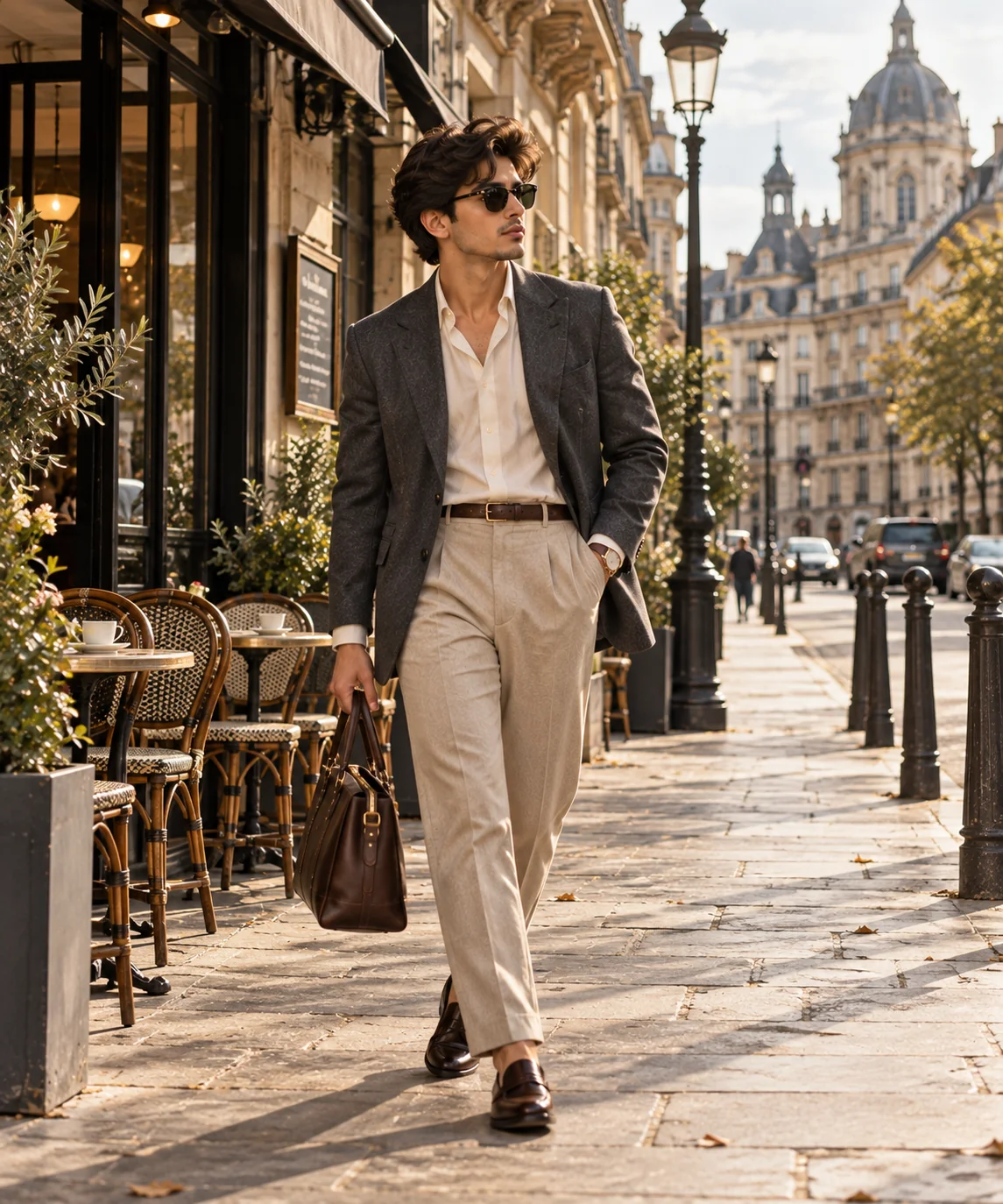 Parisian quiet luxury old money fashion portrait on a historic street