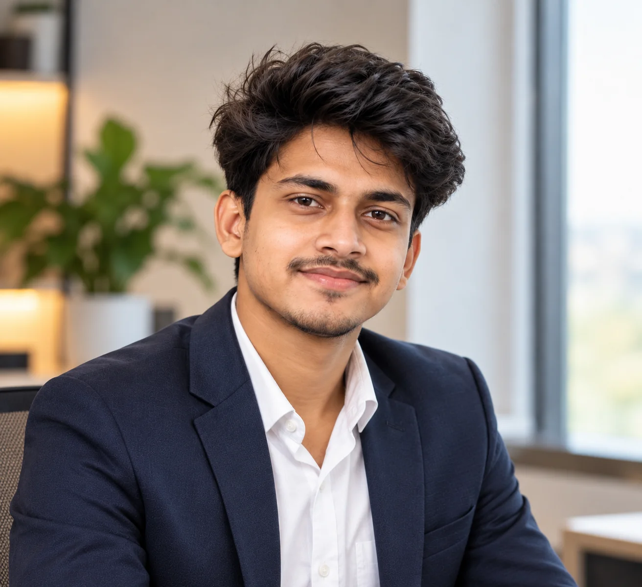 Approachable business-casual LinkedIn headshot of an adult professional wearing a smart casual outfit against a softly blurred office background