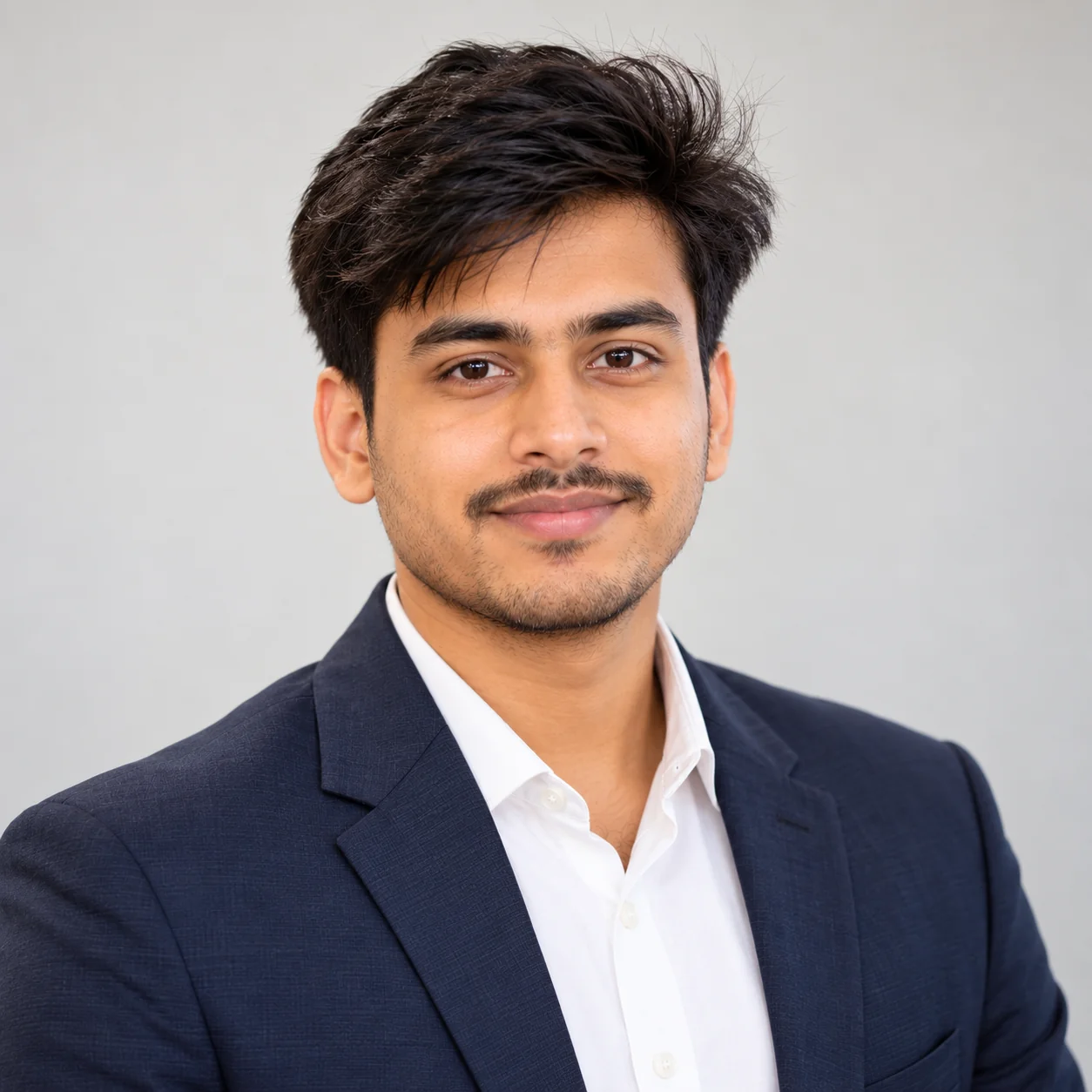 Minimalist professional LinkedIn headshot of an adult professional against a clean off-white background with natural facial detail