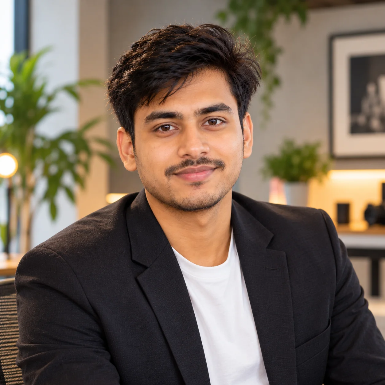 Creative professional LinkedIn portrait of an adult designer or creative professional with natural lighting and a tasteful contemporary background