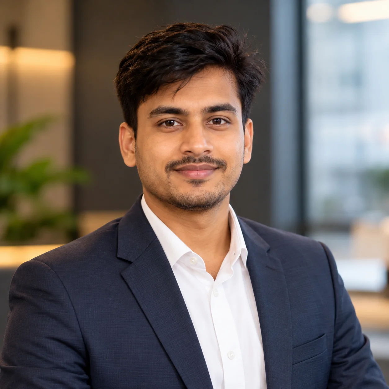 Executive-style LinkedIn headshot of an adult business professional in a tailored suit with balanced studio lighting and a sophisticated neutral background