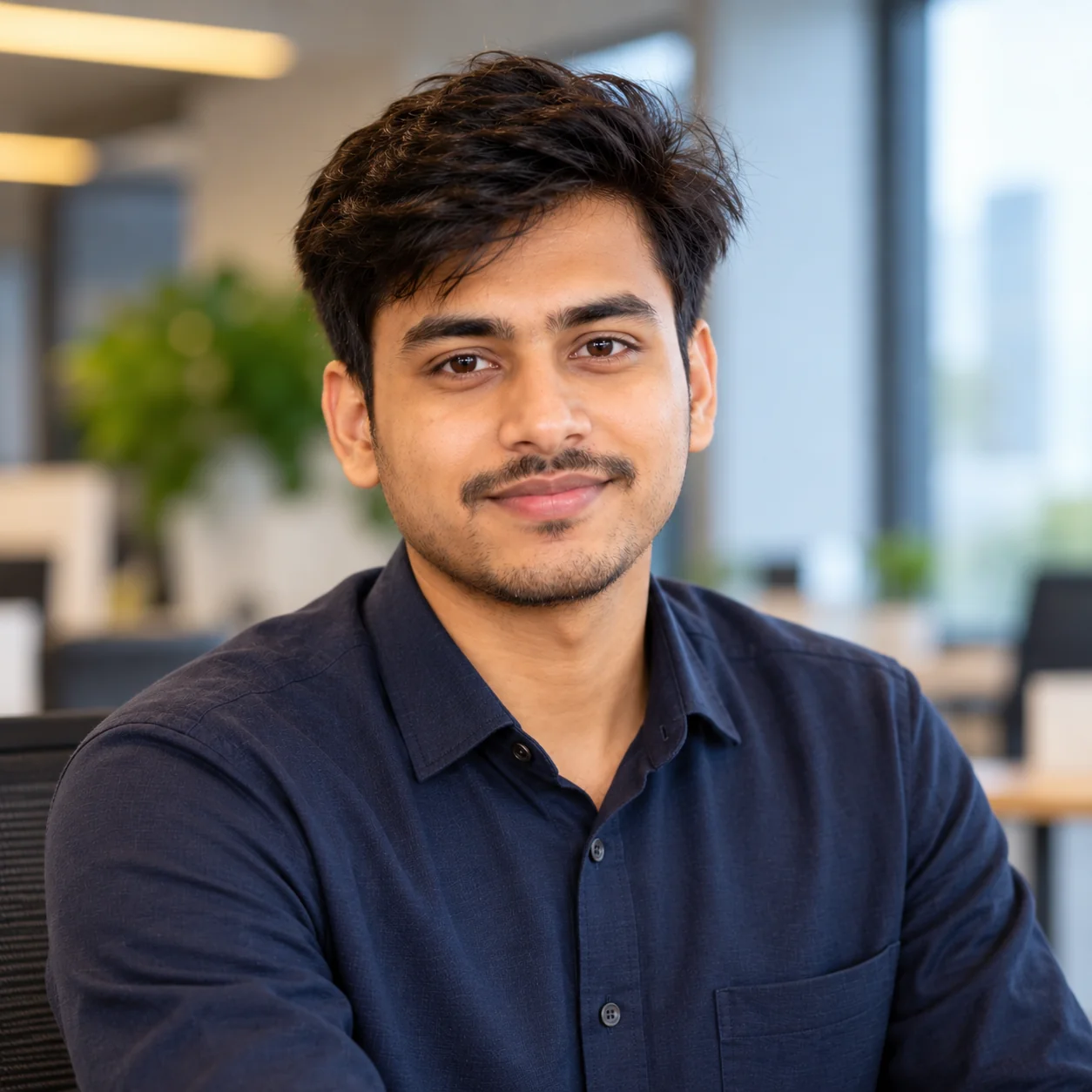 Modern professional LinkedIn headshot of an adult technology professional wearing smart casual clothing against a softly blurred contemporary workspace