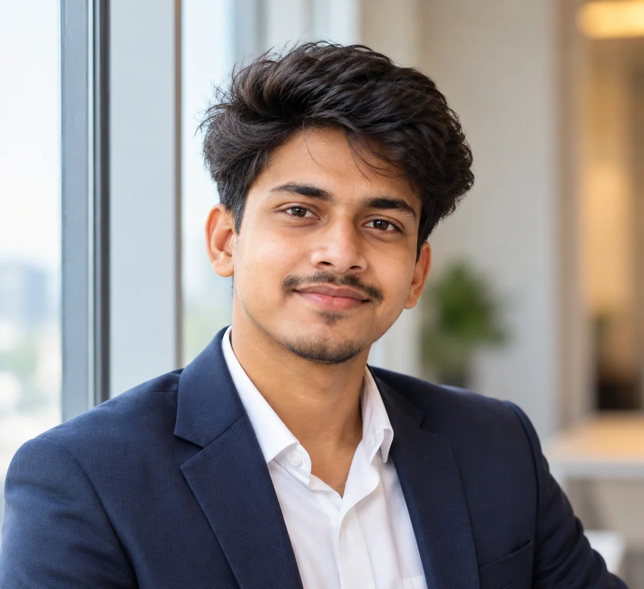 Realistic professional LinkedIn portrait of an adult professional beside a window with soft natural daylight and authentic skin texture