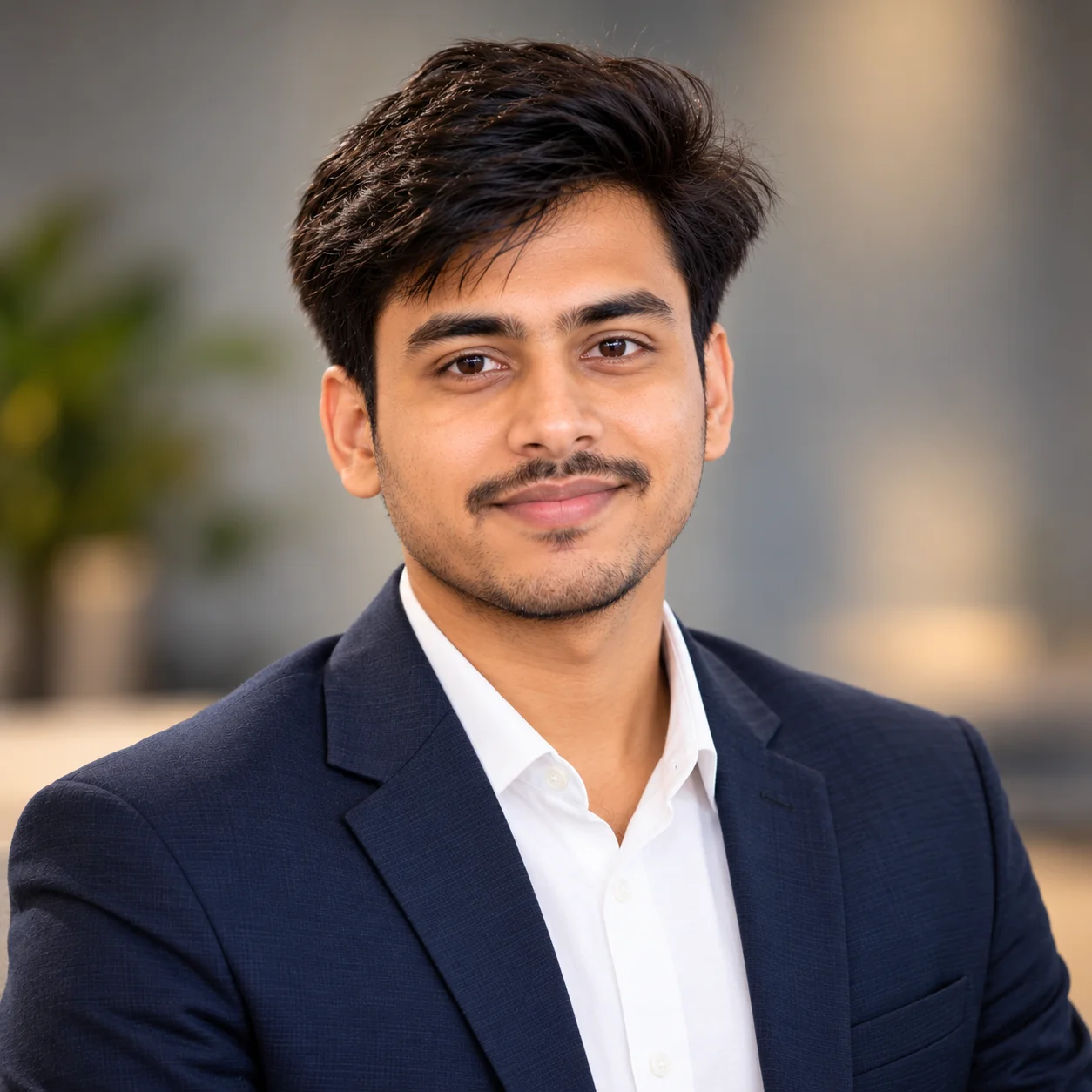 Premium editorial-style LinkedIn headshot of an adult professional with refined natural lighting, realistic skin texture, and a sophisticated neutral background