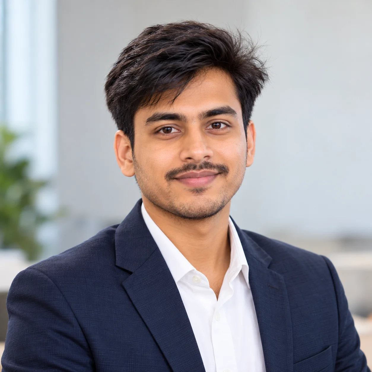 Professional LinkedIn headshot of an adult college graduate or job seeker wearing neat business-casual clothing with soft natural lighting