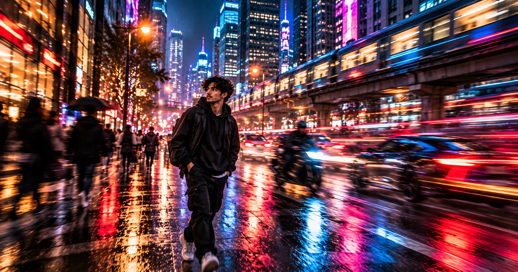 AI motion blur photo showing a neon-lit city street at night with cinematic light trails and dynamic movement