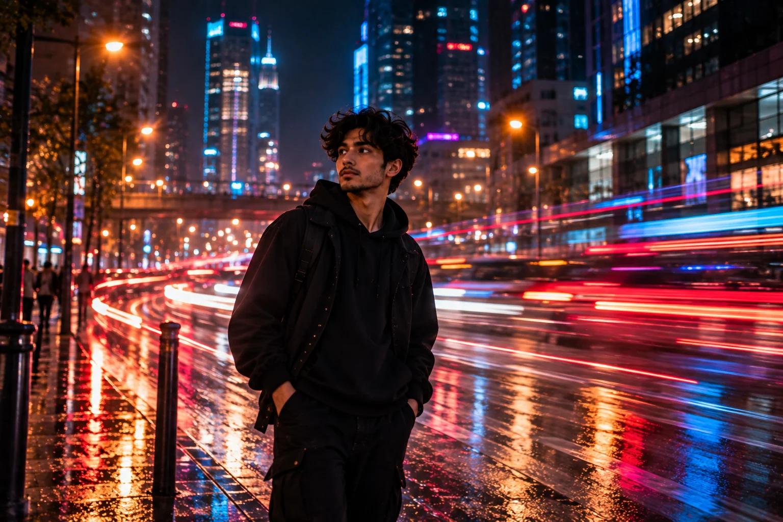 Cinematic portrait surrounded by colorful light trails and controlled motion blur at night