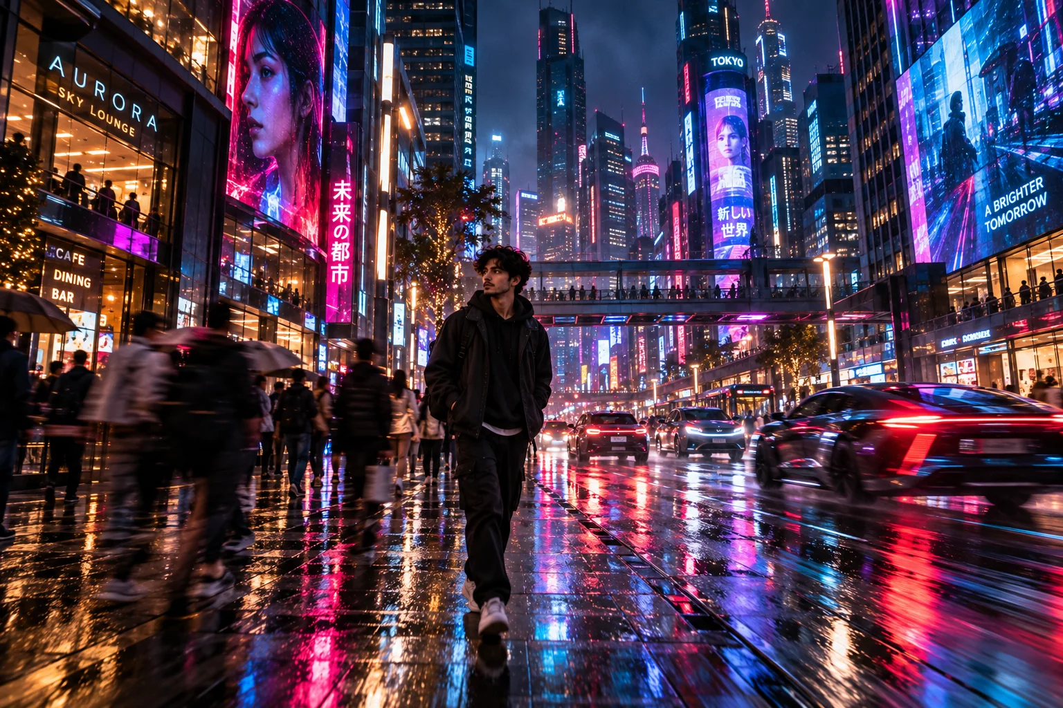 Futuristic cyberpunk city with neon signs, moving pedestrians and cinematic motion blur