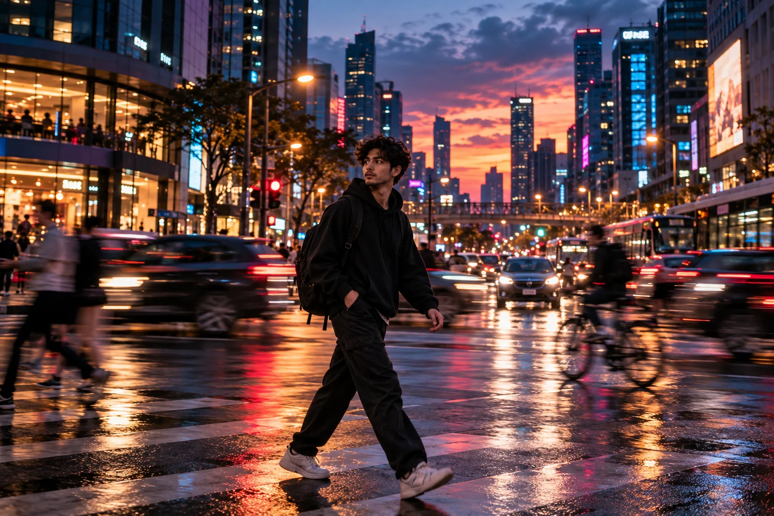 Cinematic sunset city scene combining warm golden light with neon motion blur