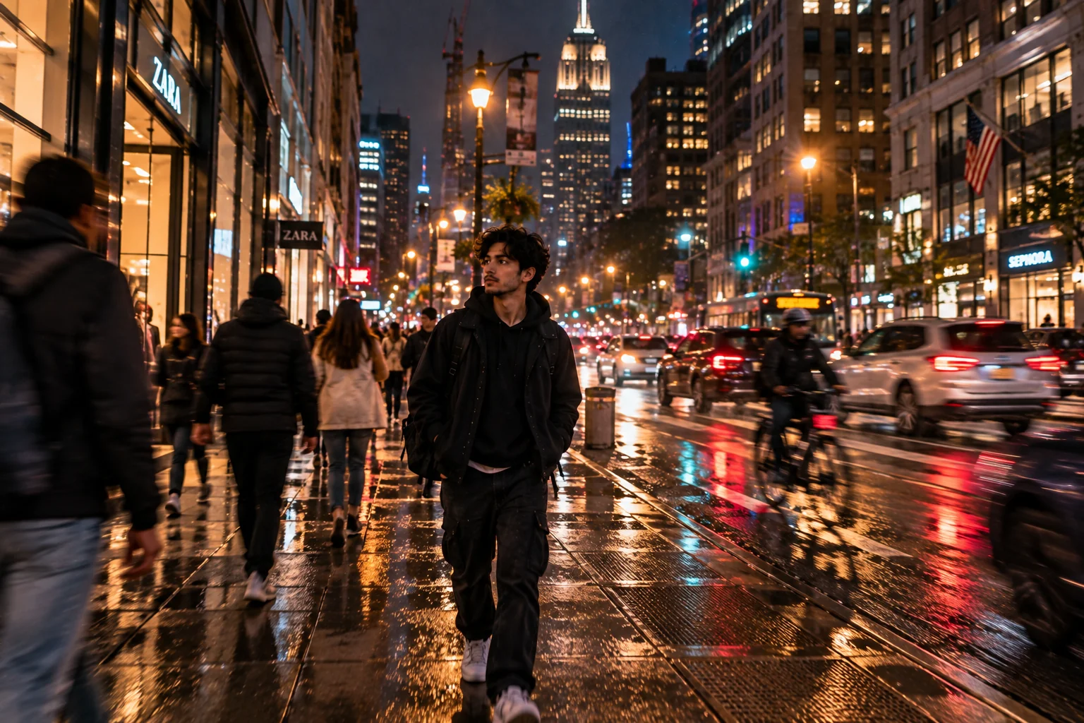 Authentic handheld street photograph with subtle motion blur and nighttime city lights