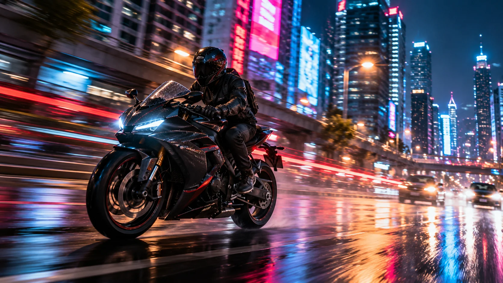 Motorcycle rider speeding through a neon city at night with cinematic motion blur