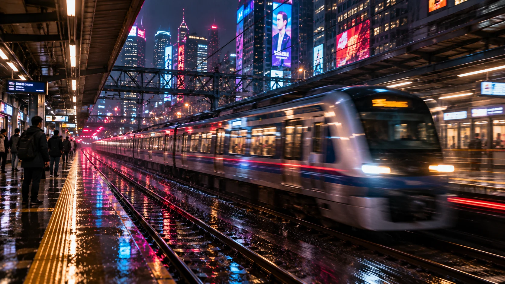 Fast-moving train passing through a neon city with cinematic light streaks and motion blur