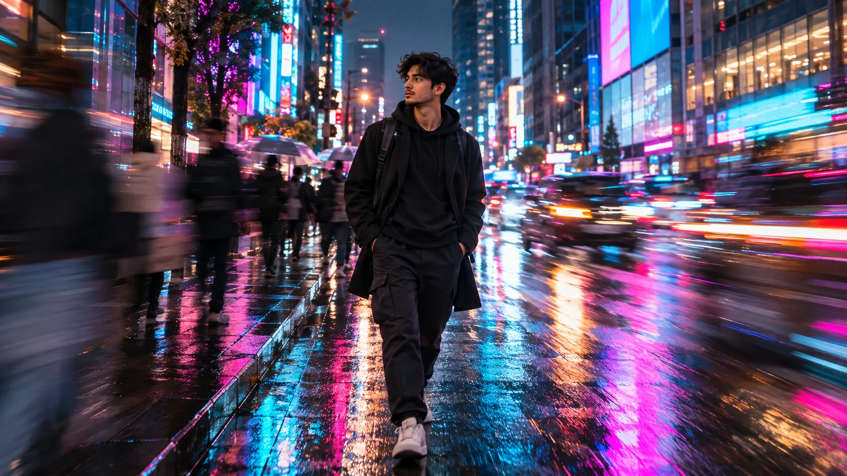 Cinematic neon city street with colorful motion blur and glowing light trails at night