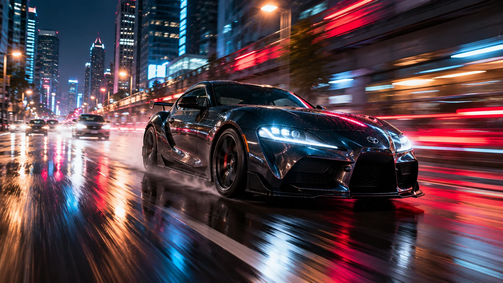 Neon sports car driving at night with realistic speed motion blur and city light trails