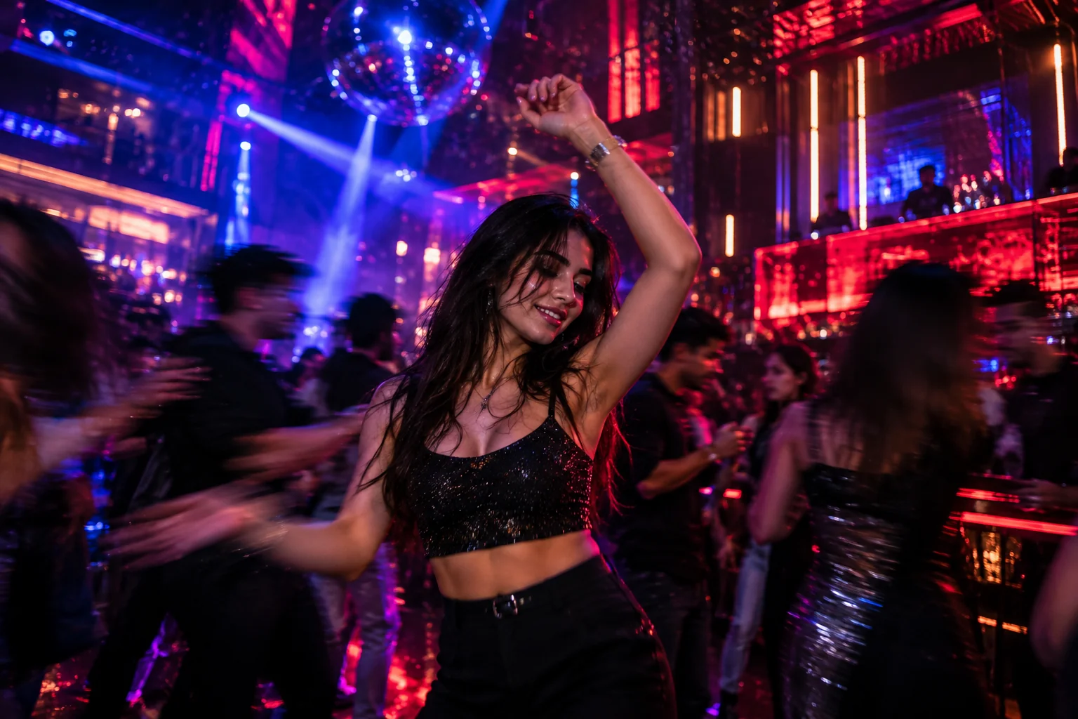 Energetic nightlife scene with a dancing subject and colorful cinematic motion blur