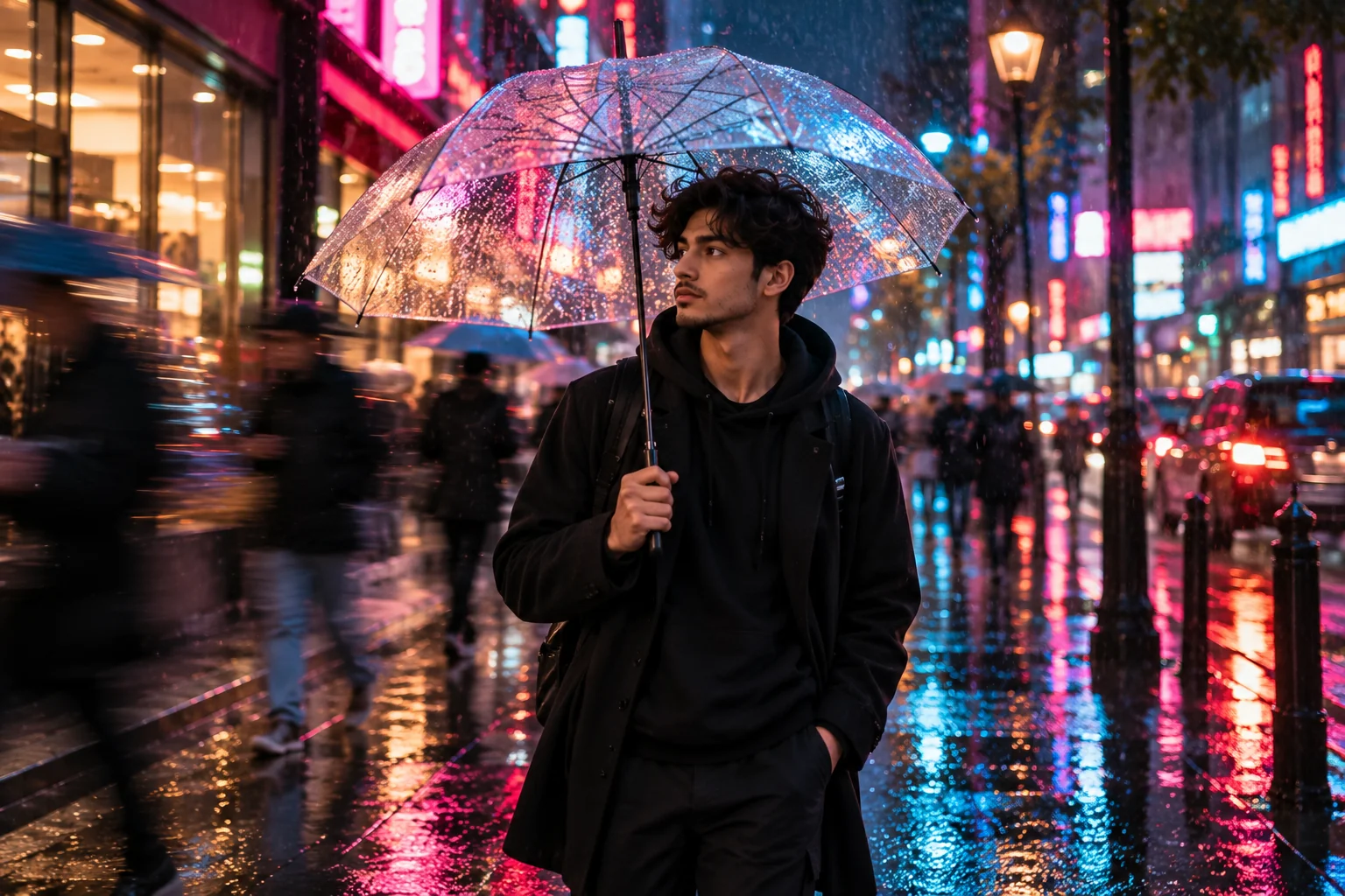 Moody nighttime portrait with rain, neon reflections and background motion blur