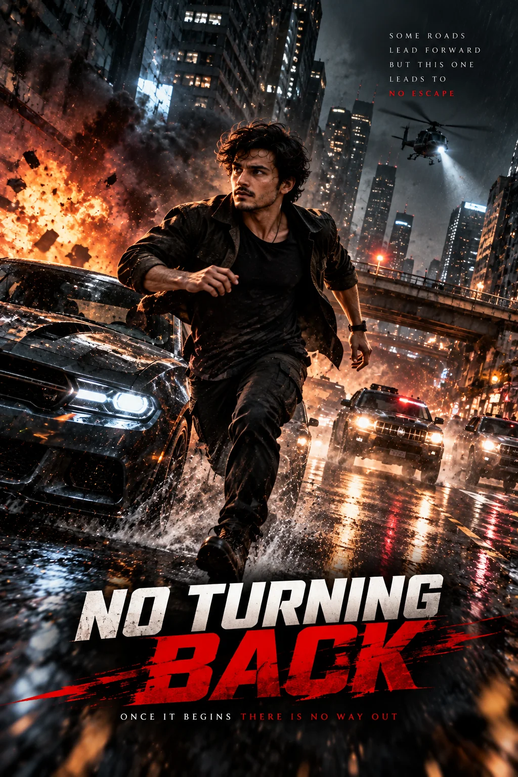High energy cinematic action movie poster with car chase and dramatic city scene