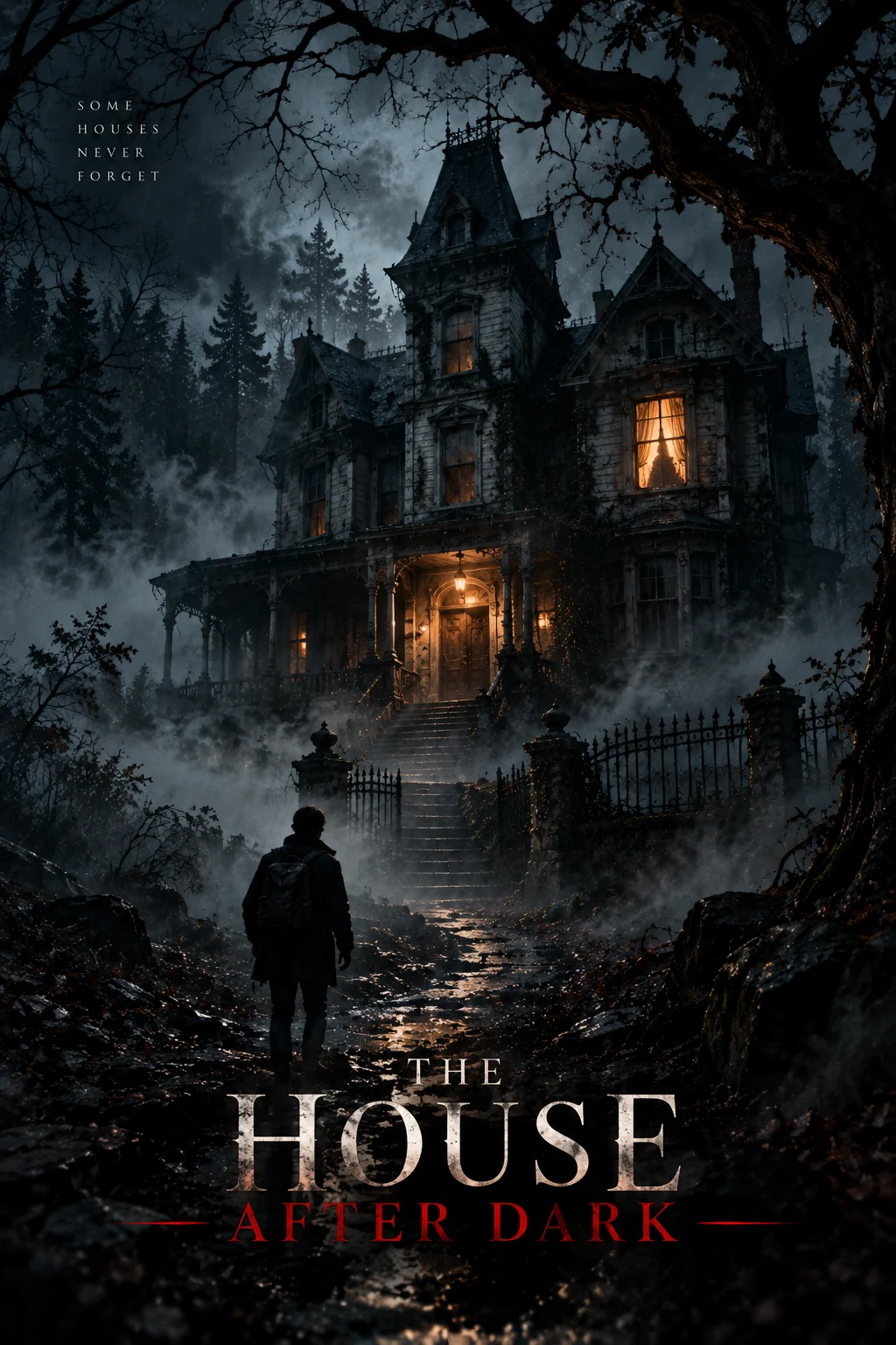 Atmospheric cinematic horror AI movie poster with abandoned house and fog