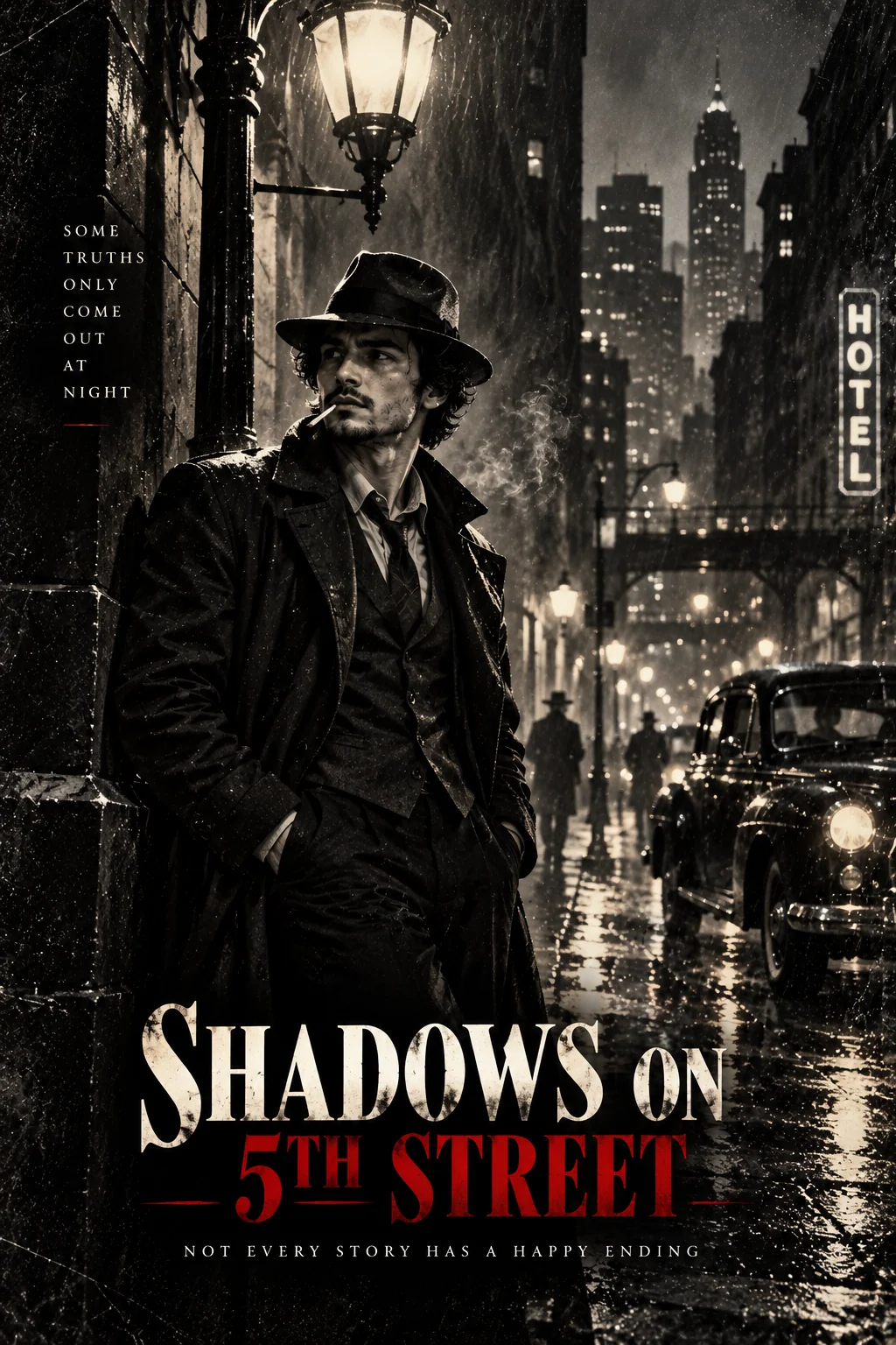 Classic film noir detective AI movie poster with black and white cinematic lighting