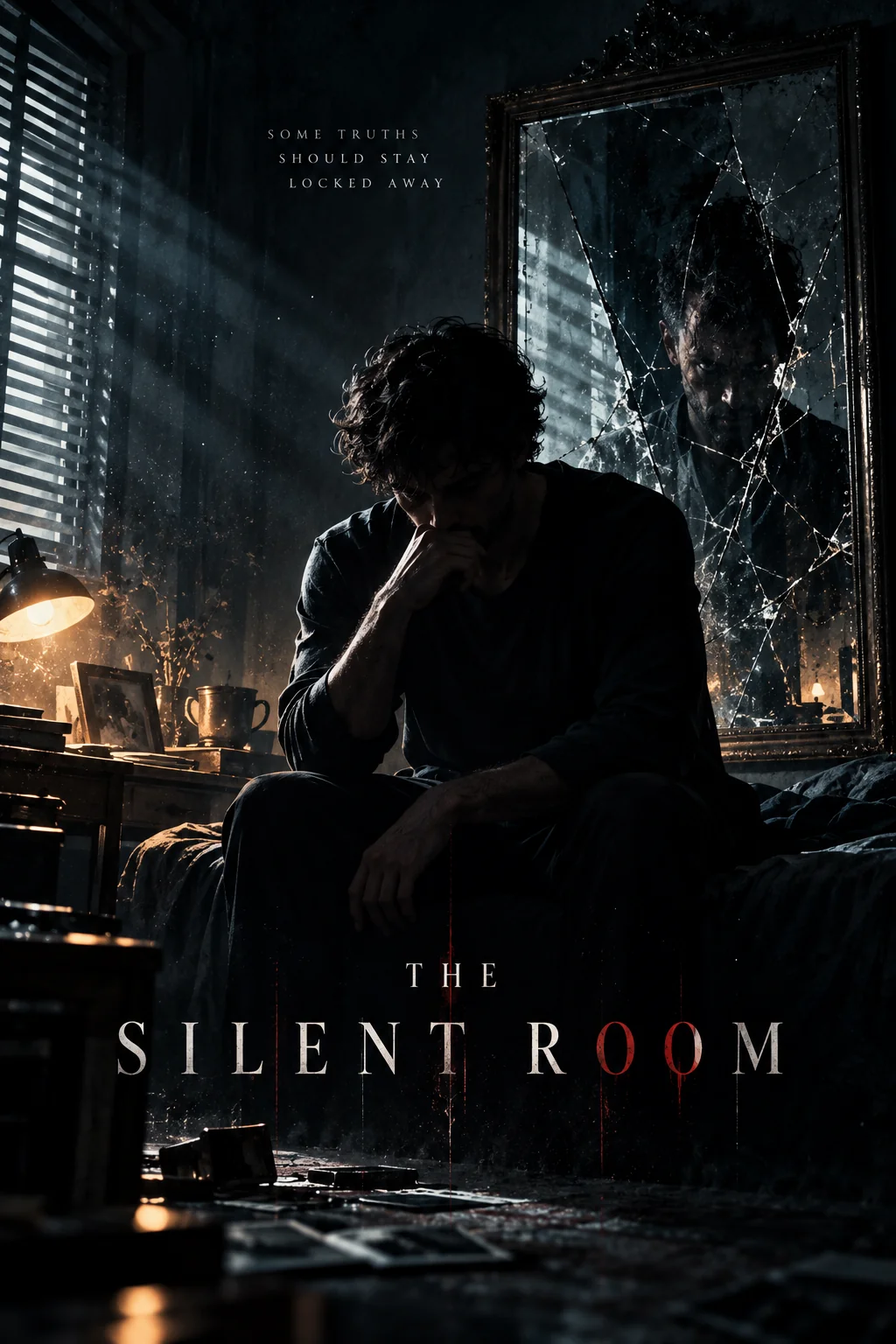 Dark psychological thriller AI movie poster with mysterious character and atmospheric lighting