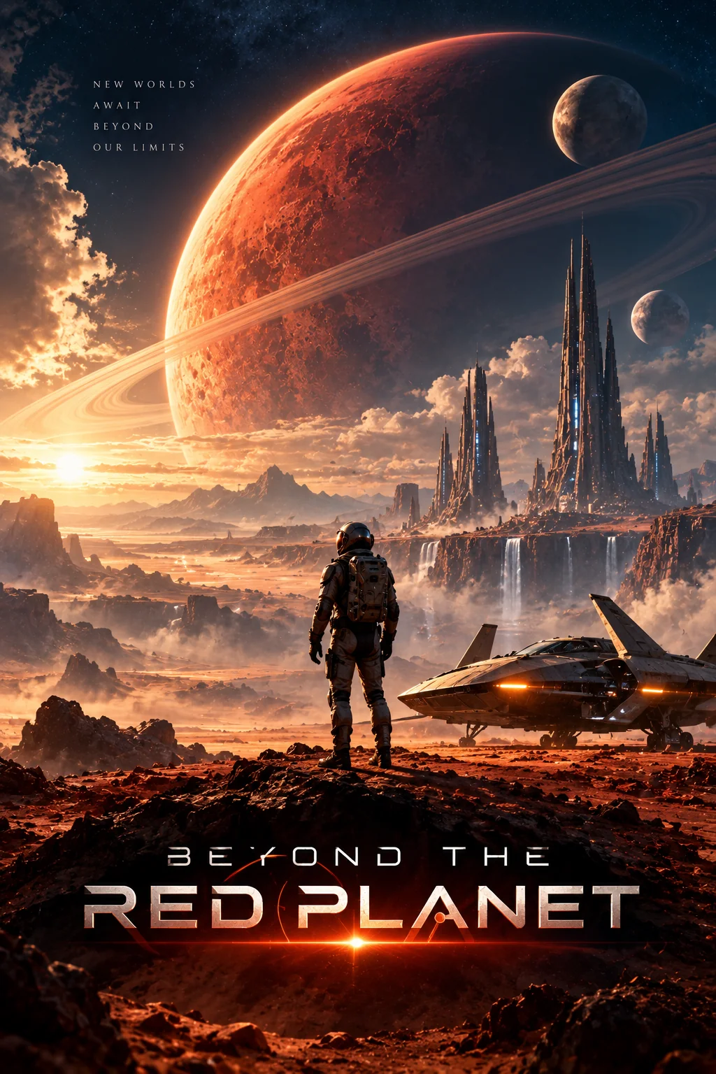 Epic futuristic science fiction AI movie poster with spaceship and alien landscape