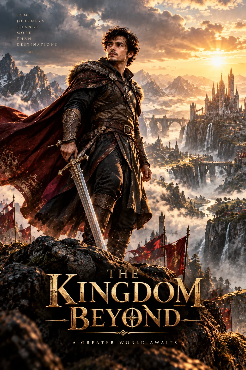 Personalized epic fantasy AI movie poster with heroic character and dramatic mountain landscape