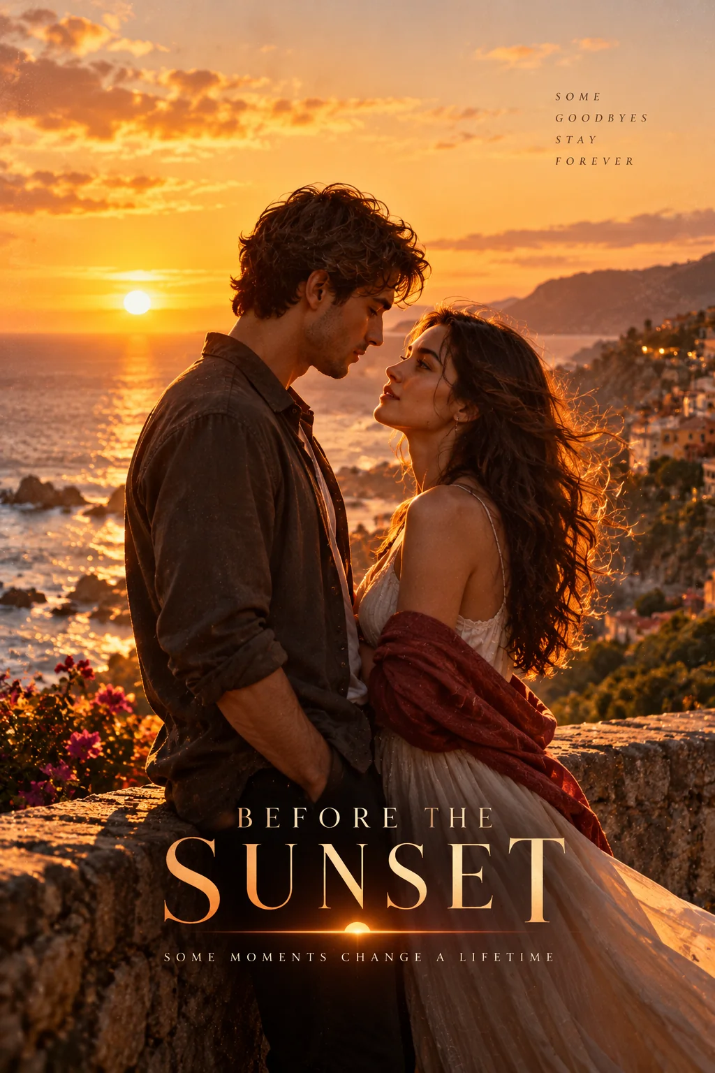 Romantic cinematic AI movie poster with couple at sunset and warm film lighting