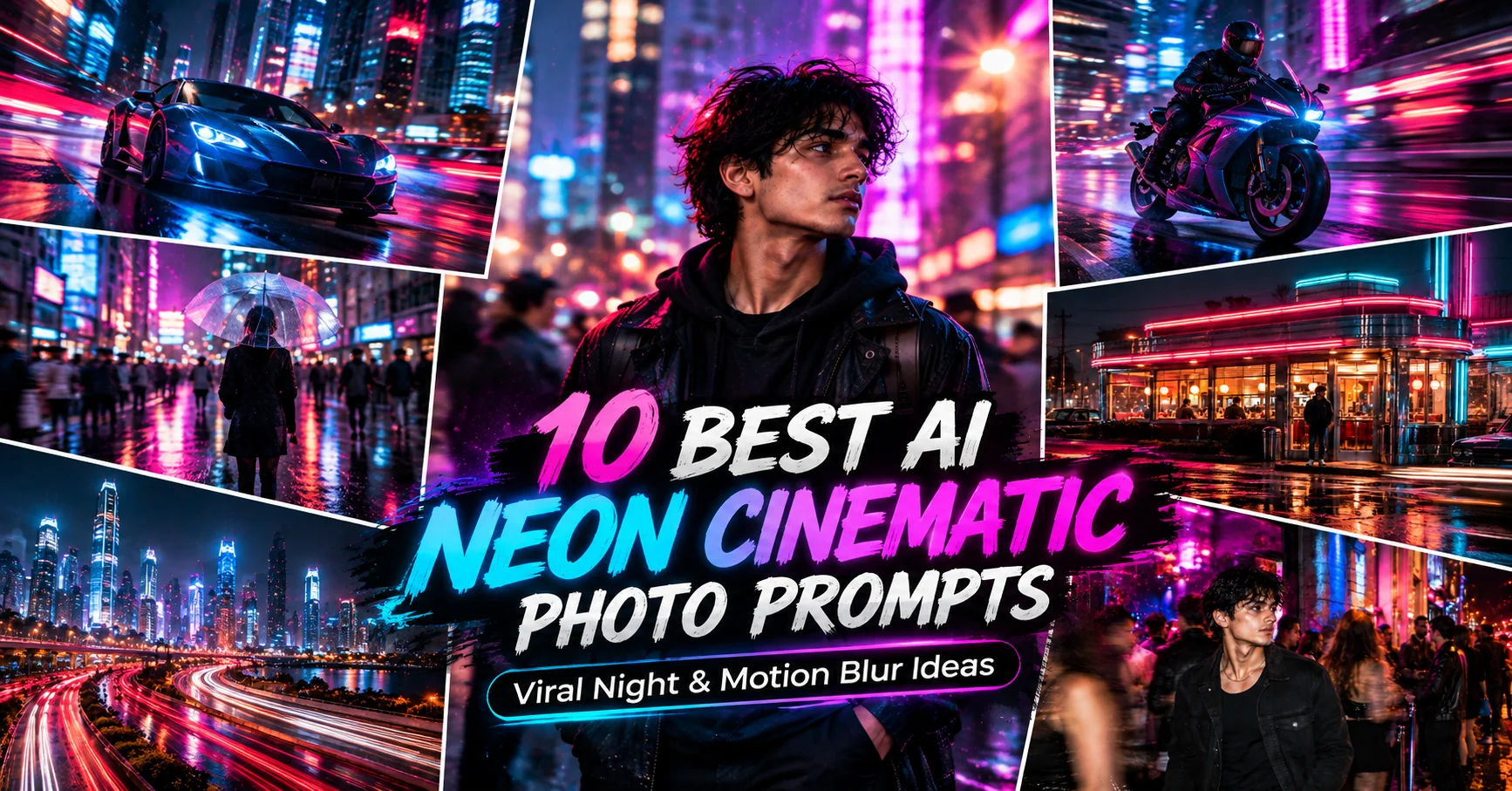 AI neon cinematic night photography with colorful city lights and dramatic motion blur