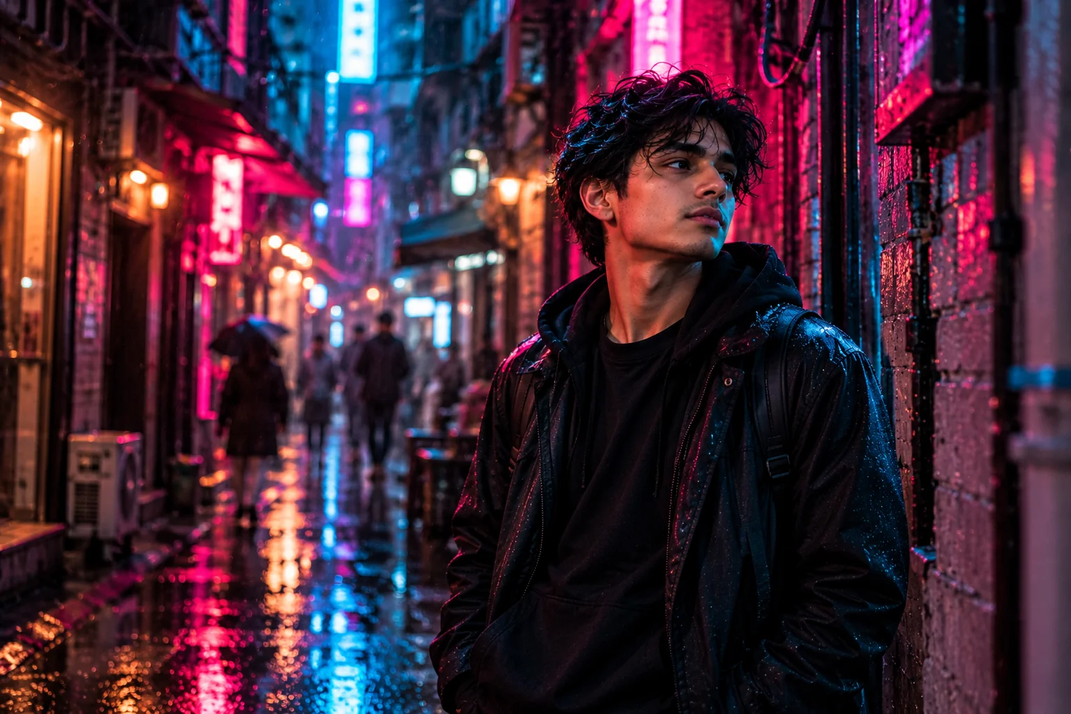 Photorealistic portrait in a neon-lit alley with cinematic lighting and haze