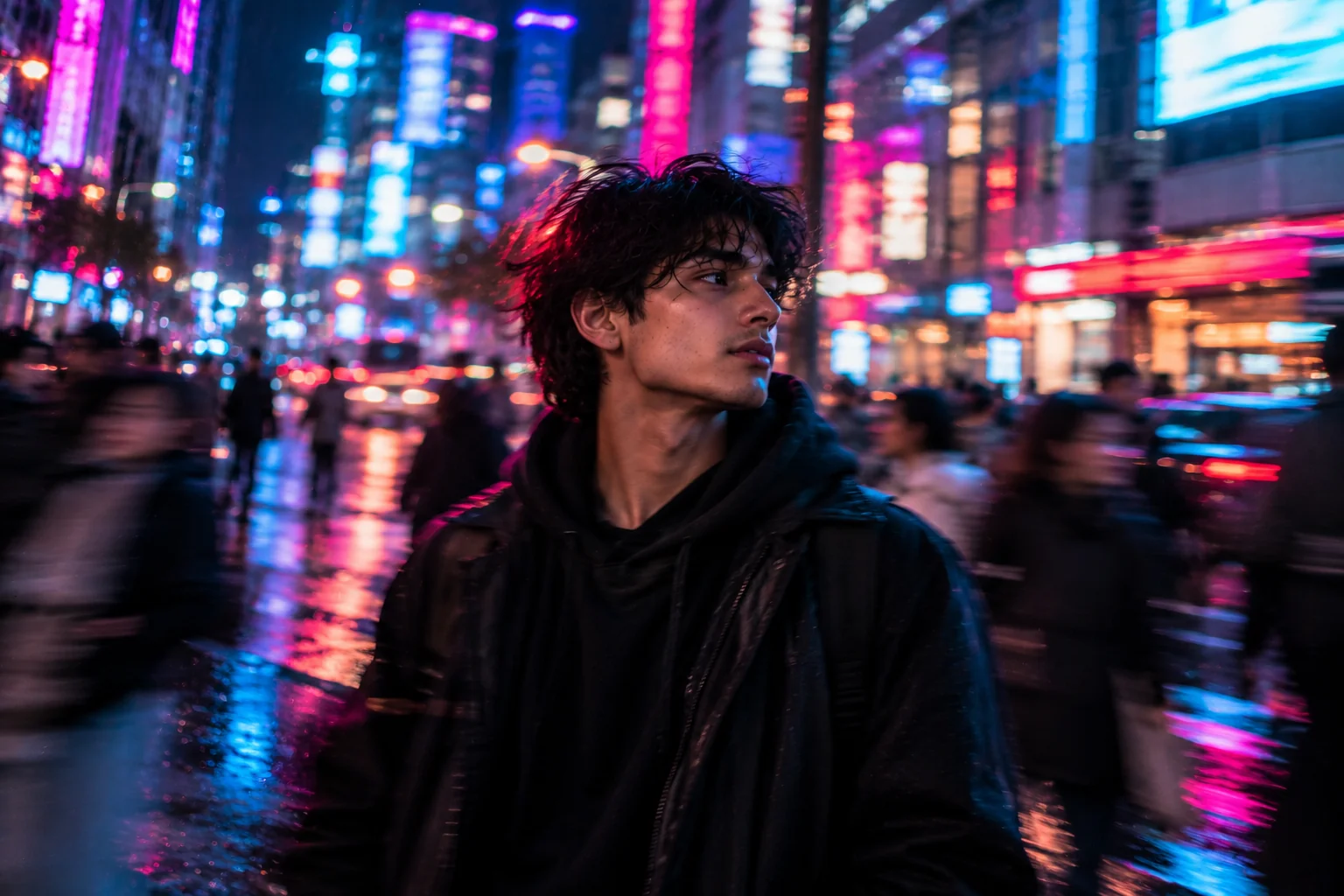 Dreamy cinematic neon portrait with controlled motion blur and glowing city lights