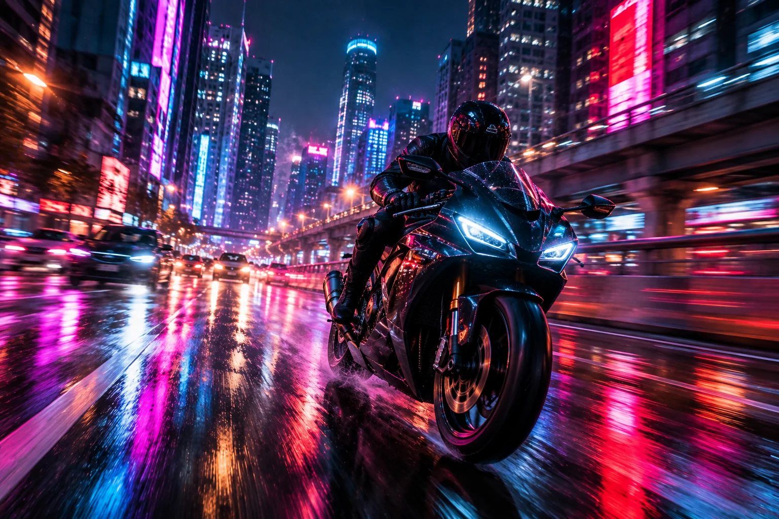 Motorcycle rider traveling through neon-lit streets with cinematic motion blur
