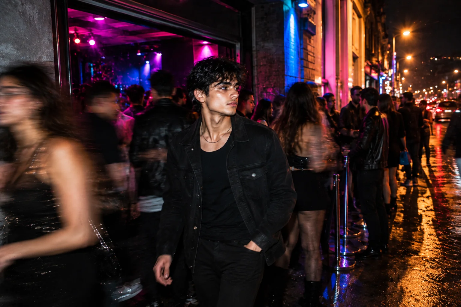 Cinematic nightlife portrait outside a neon club with flash and motion blur