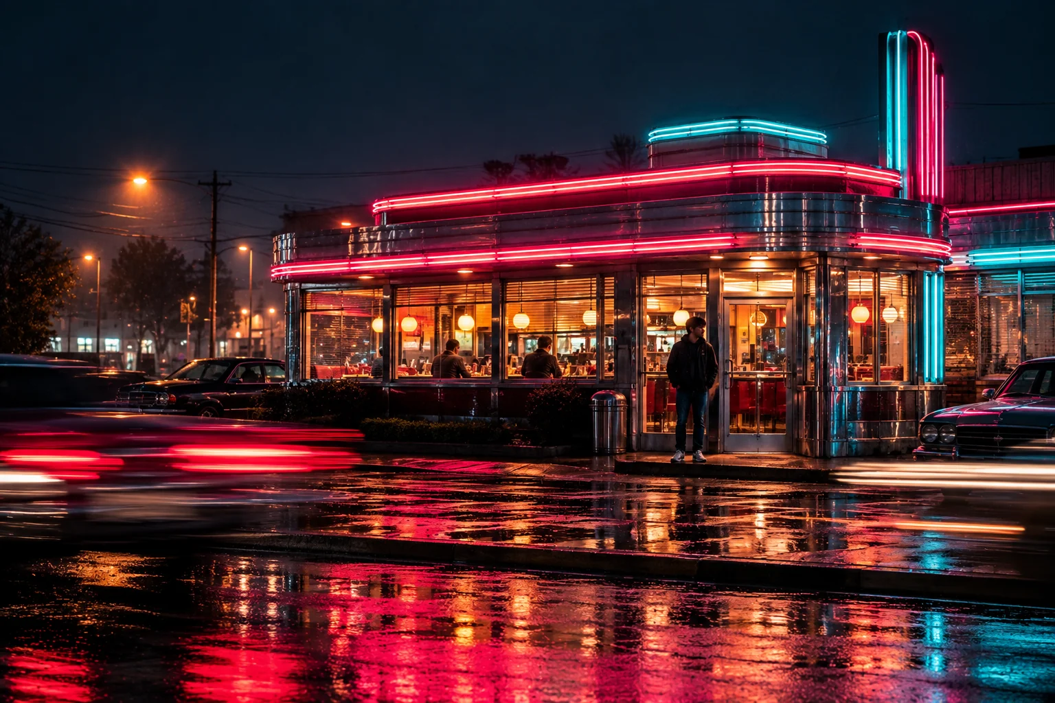 Cinematic neon diner at night with glowing signs and motion-blurred traffic