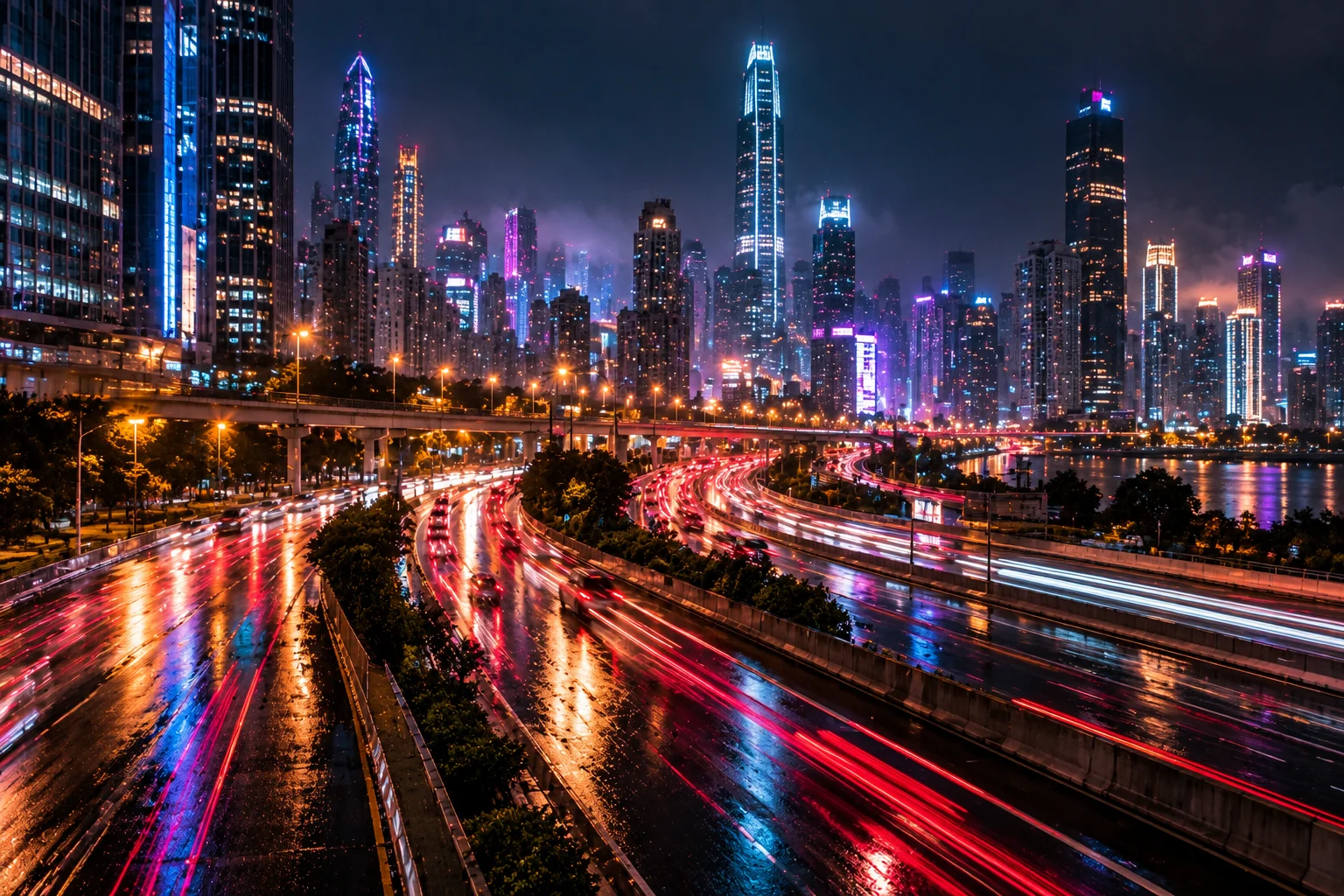 Neon city highway at night with colorful vehicle light trails
