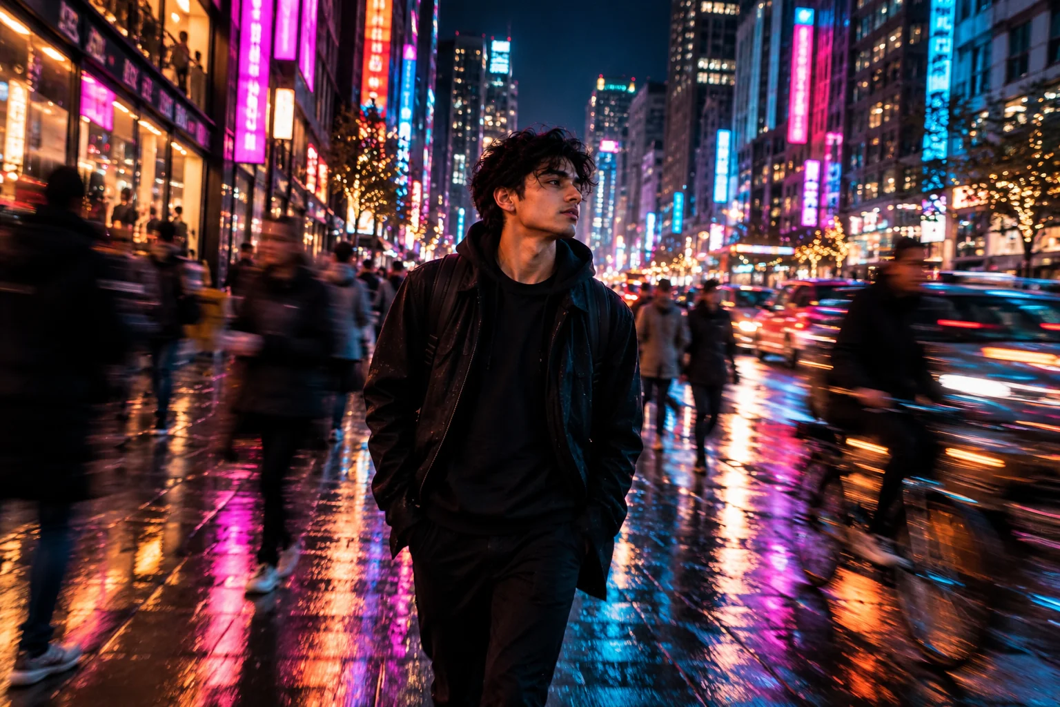 Person walking through a neon city street with dynamic motion blur