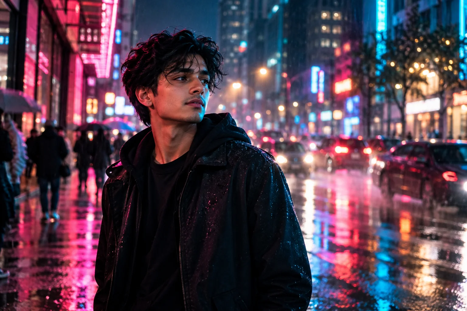 Cinematic neon rain street portrait with colorful reflections and motion blur