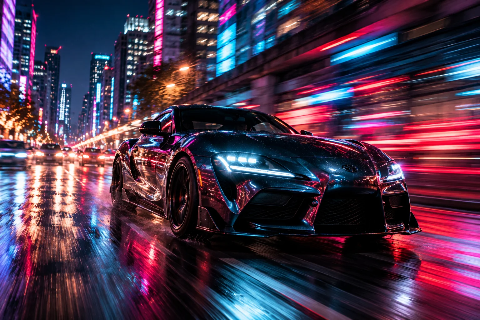 Sports car speeding through a neon city at night with cinematic motion blur