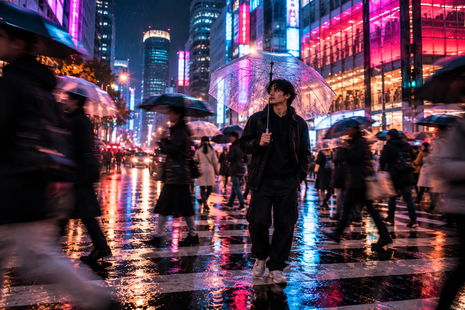Rainy neon crosswalk at night with pedestrians and colorful reflections