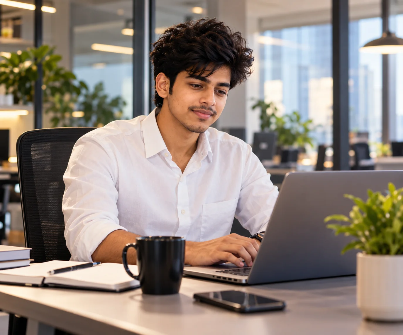 Business casual professional working at a modern office desk