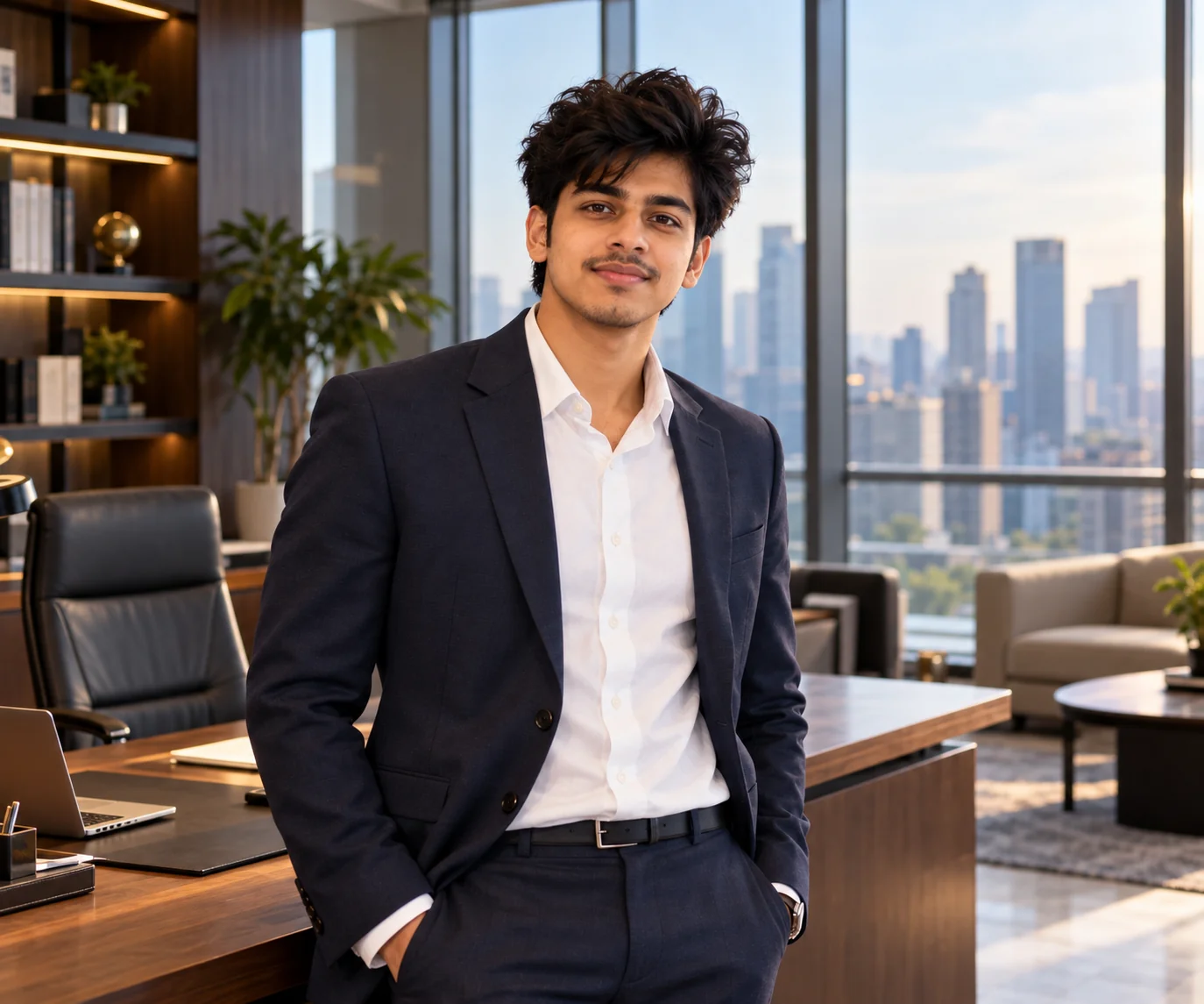 Executive business portrait in a premium office with city views