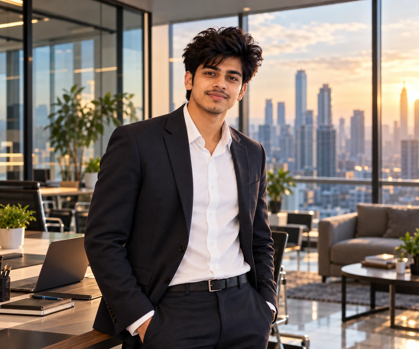 Professional standing in a glass office with a modern city skyline