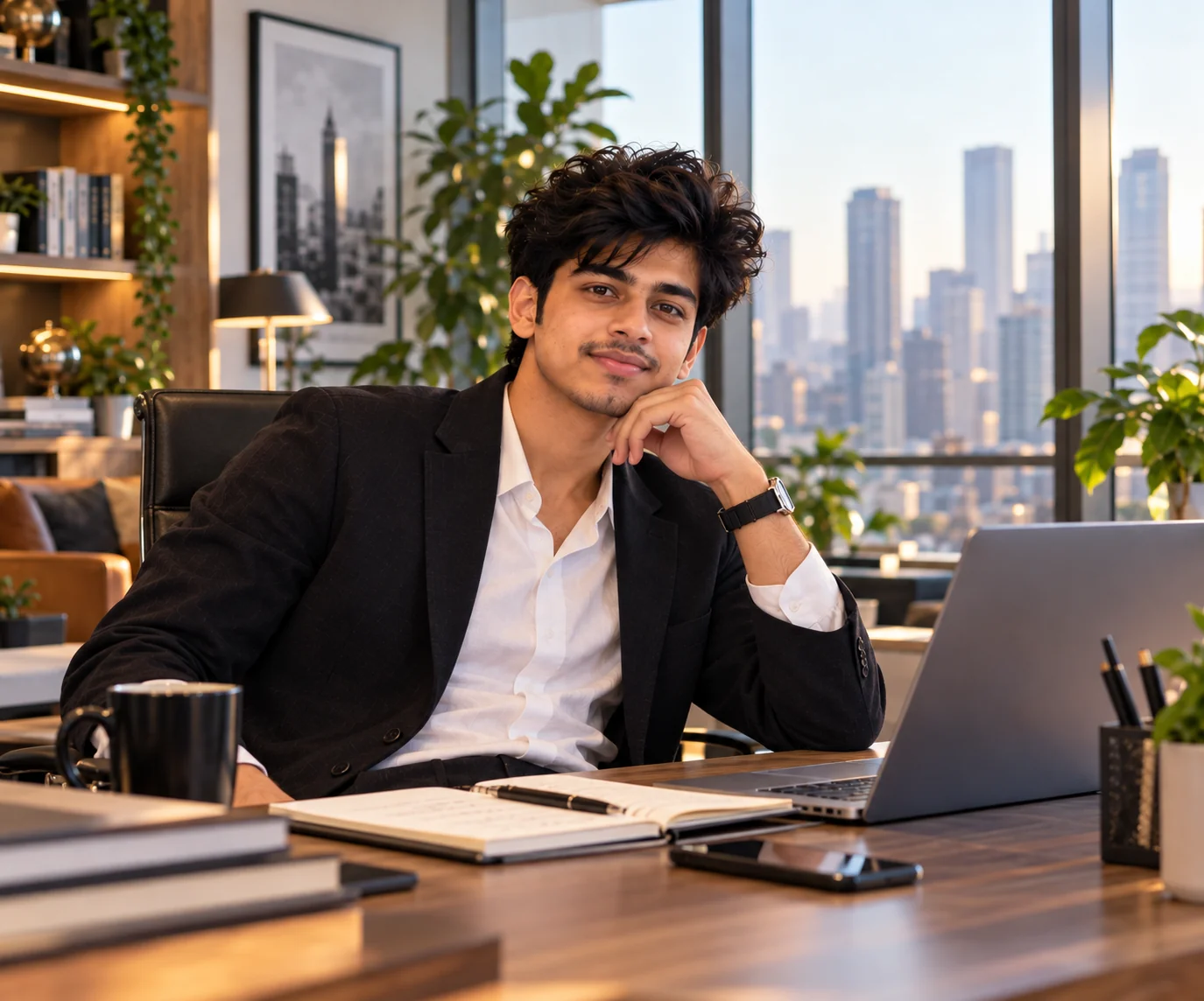 Premium editorial-style corporate office portrait with modern architecture