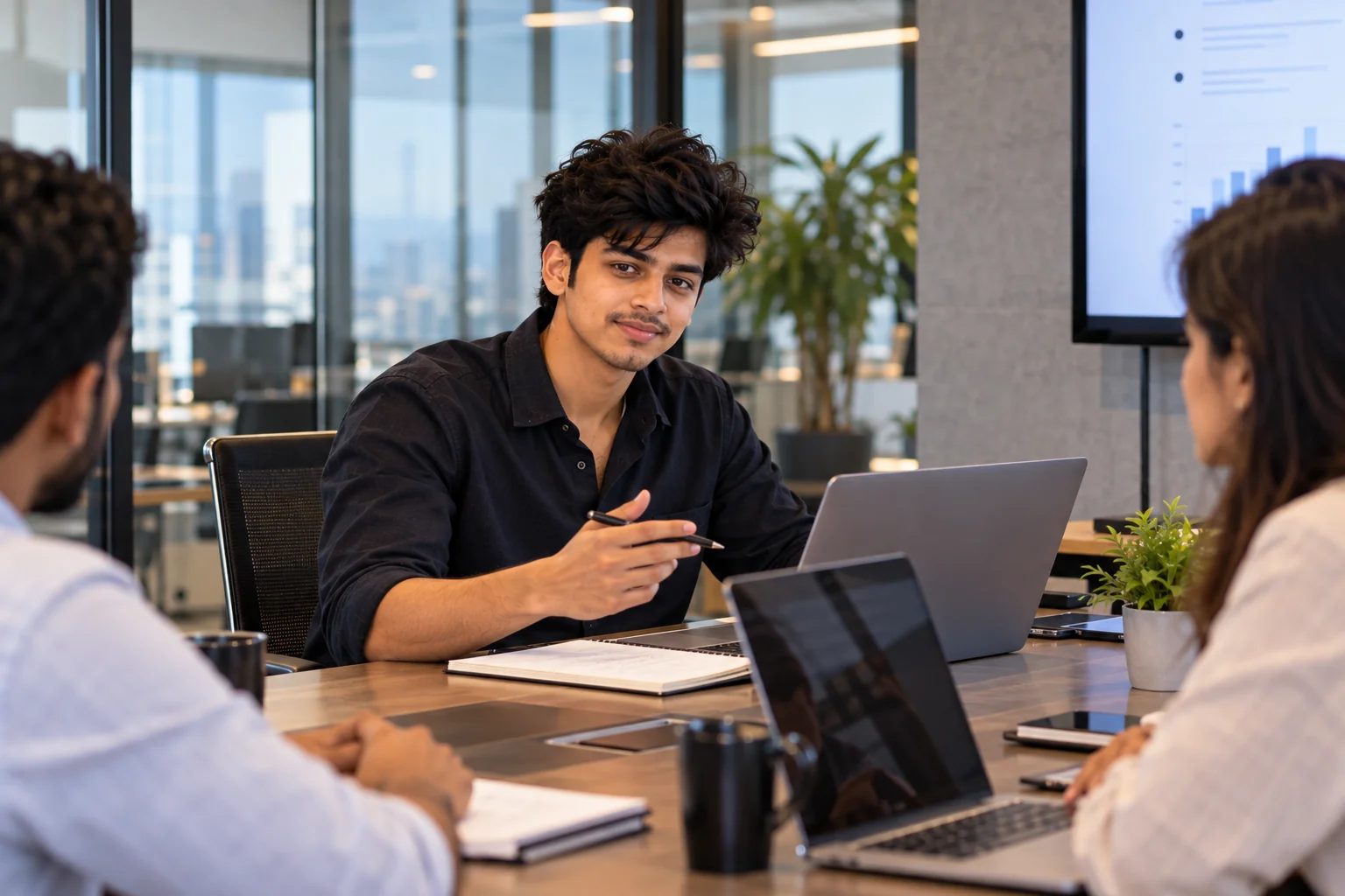 Professional business portrait inside a modern office meeting room