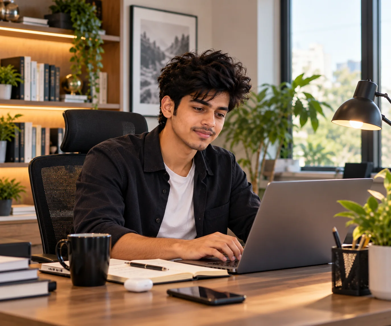 Professional working remotely from a stylish home office