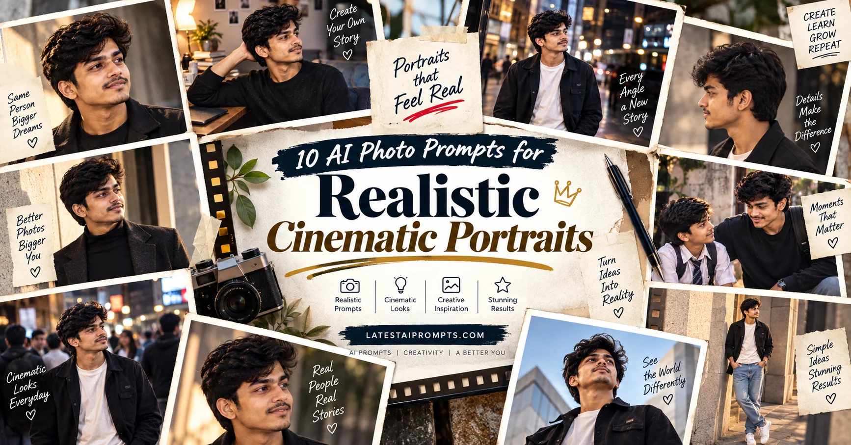 Collection of realistic cinematic AI portraits featuring retro, editorial, street and film photography styles