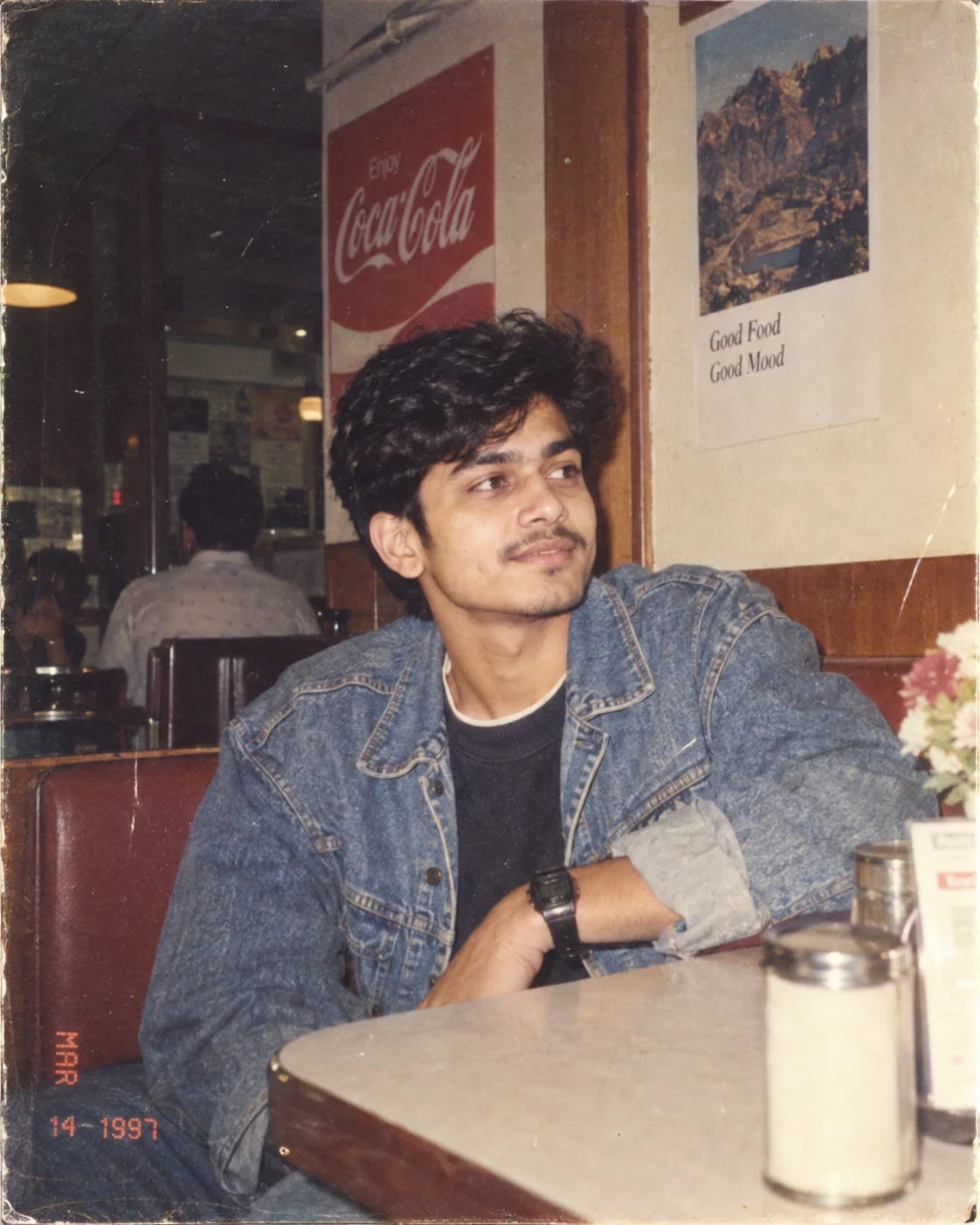 Nostalgic 1990s film-style AI portrait with natural grain and flash