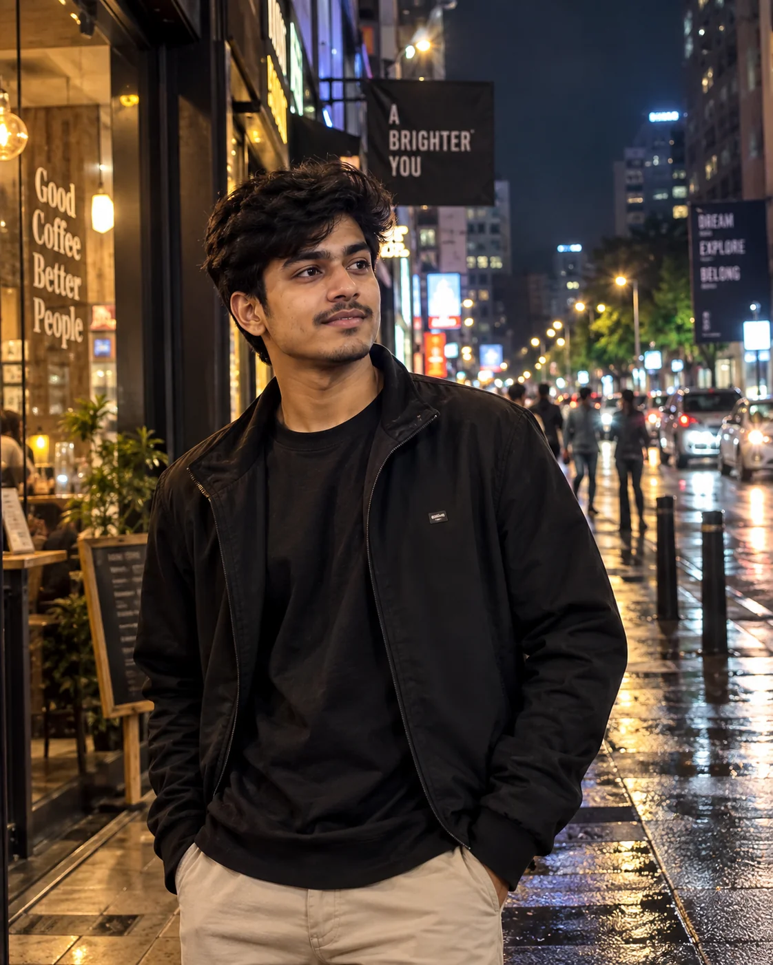 Realistic cinematic night street portrait generated with AI