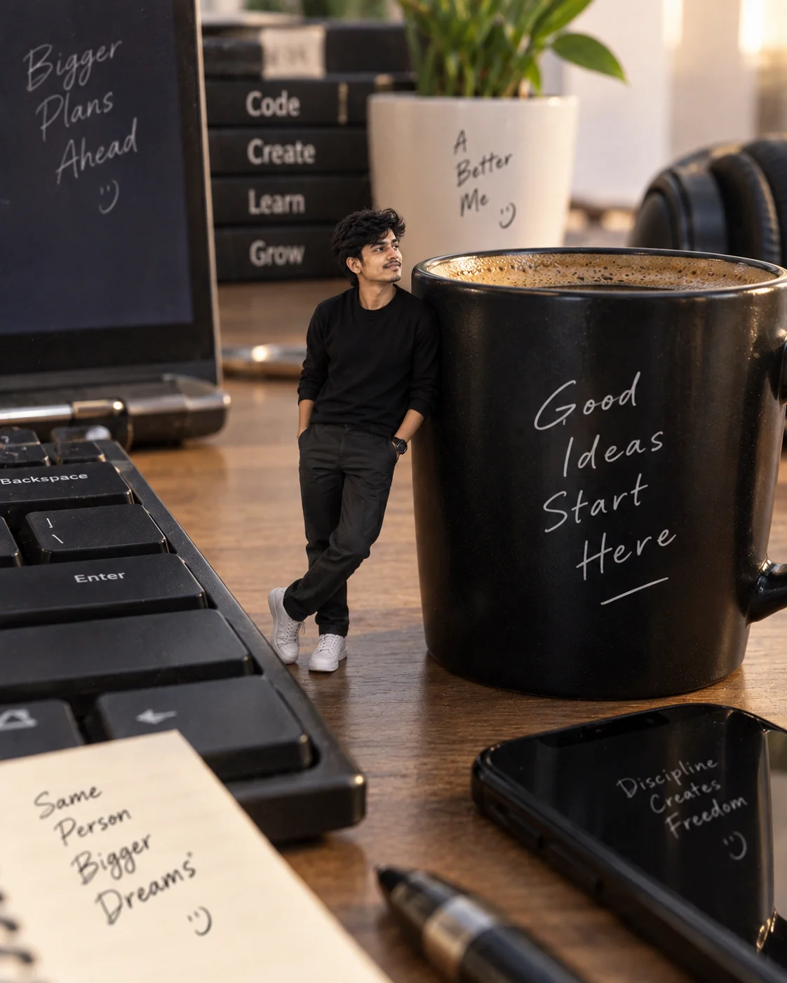 Surreal but realistic AI photo of a miniature person inside a giant workspace