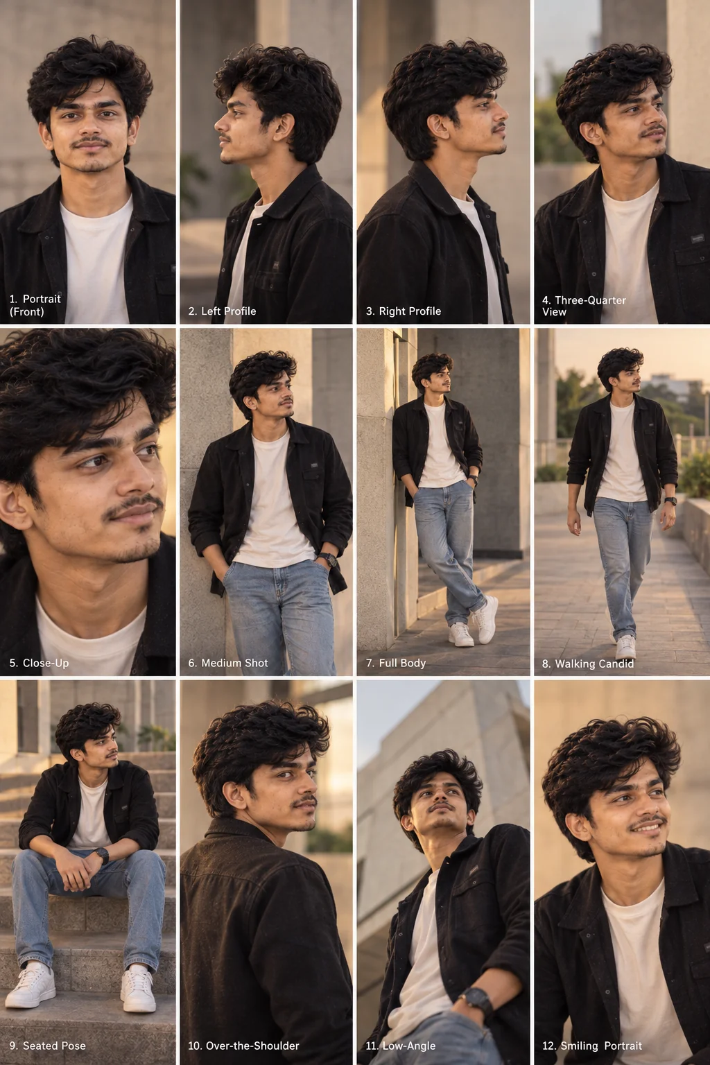 AI-generated professional multi-angle portrait photoshoot contact sheet