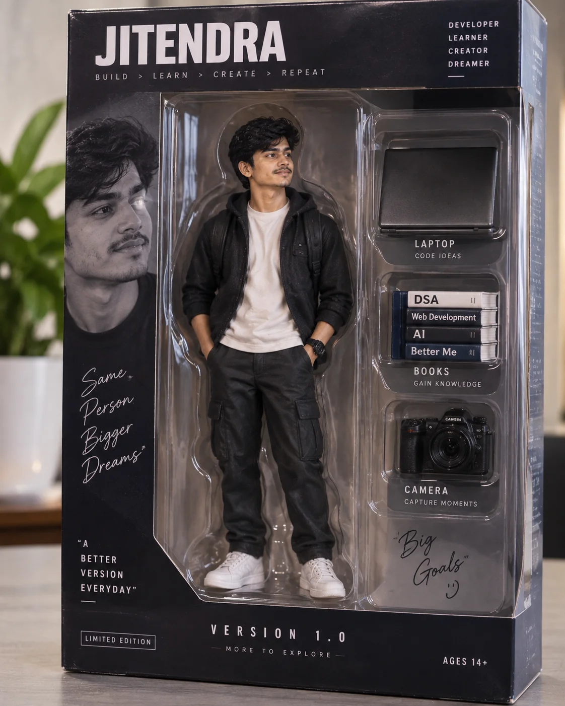 Personalized AI collectible figure displayed in realistic premium packaging